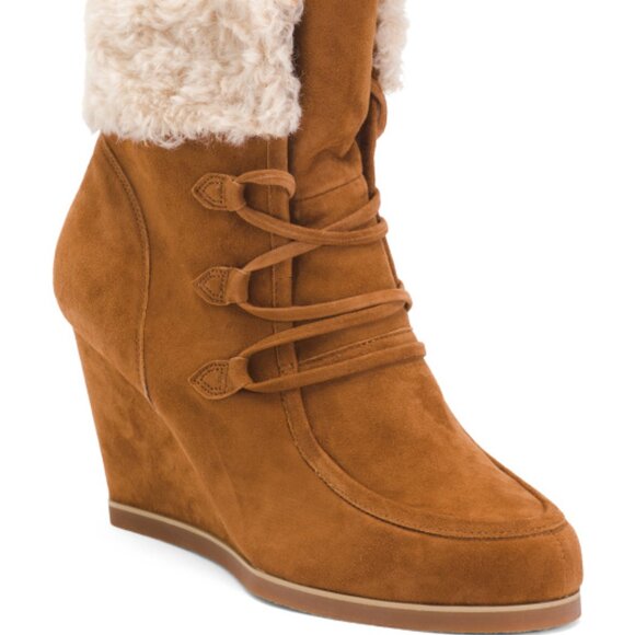 NEW CECELIA NEW YORK Suede North Star Faux Fur Wedge Boots Chestnut 667tn - Picture 3 of 5